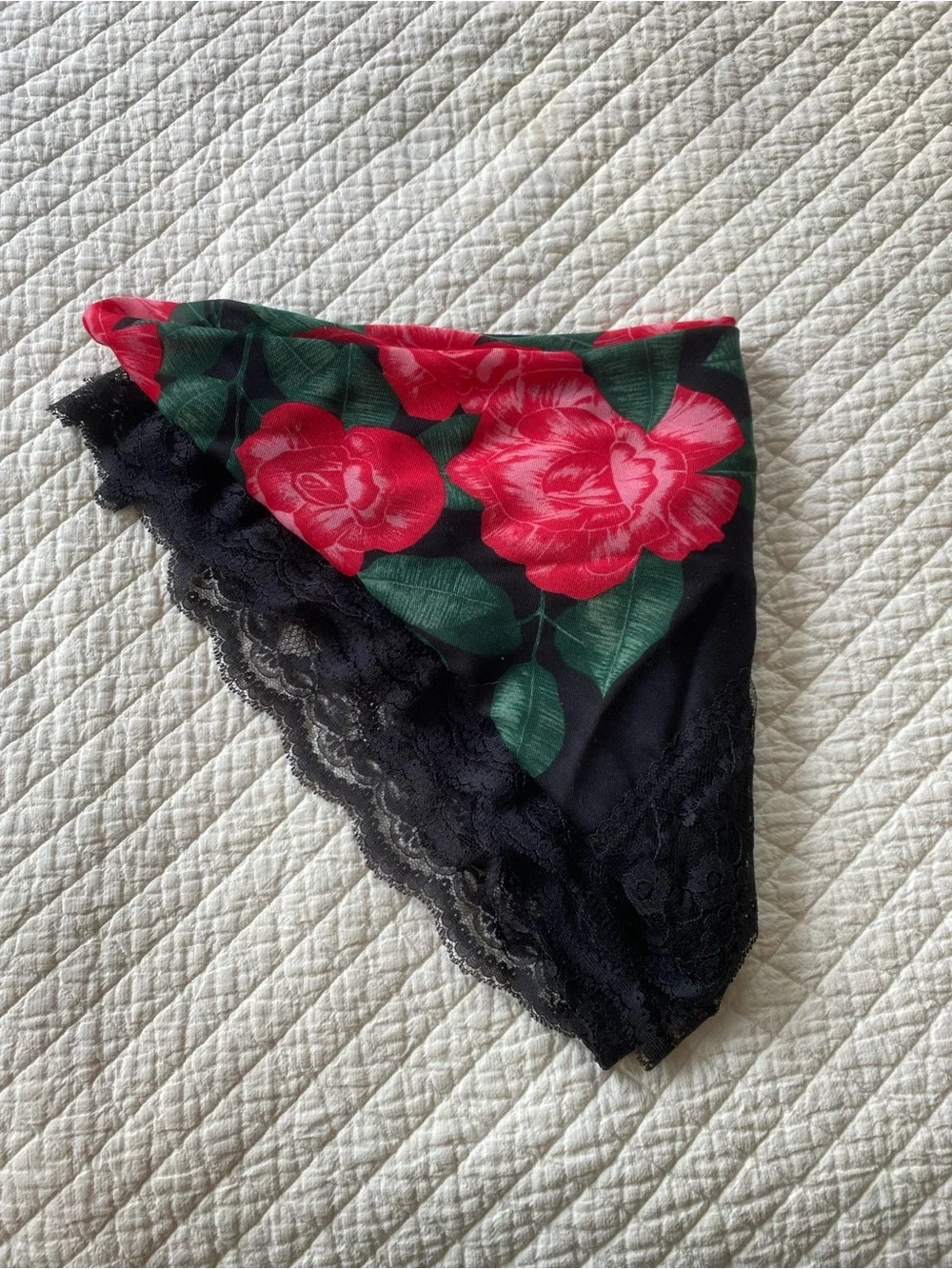 Black Floral Square Scarf Red Roses Lace Trim 35-inch square Whimsigoth Romantic